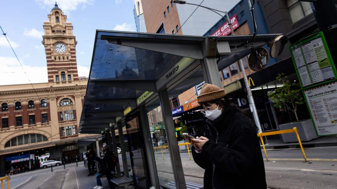 A person wearing a face mask, looking at their phone while waiting at a tram stop.