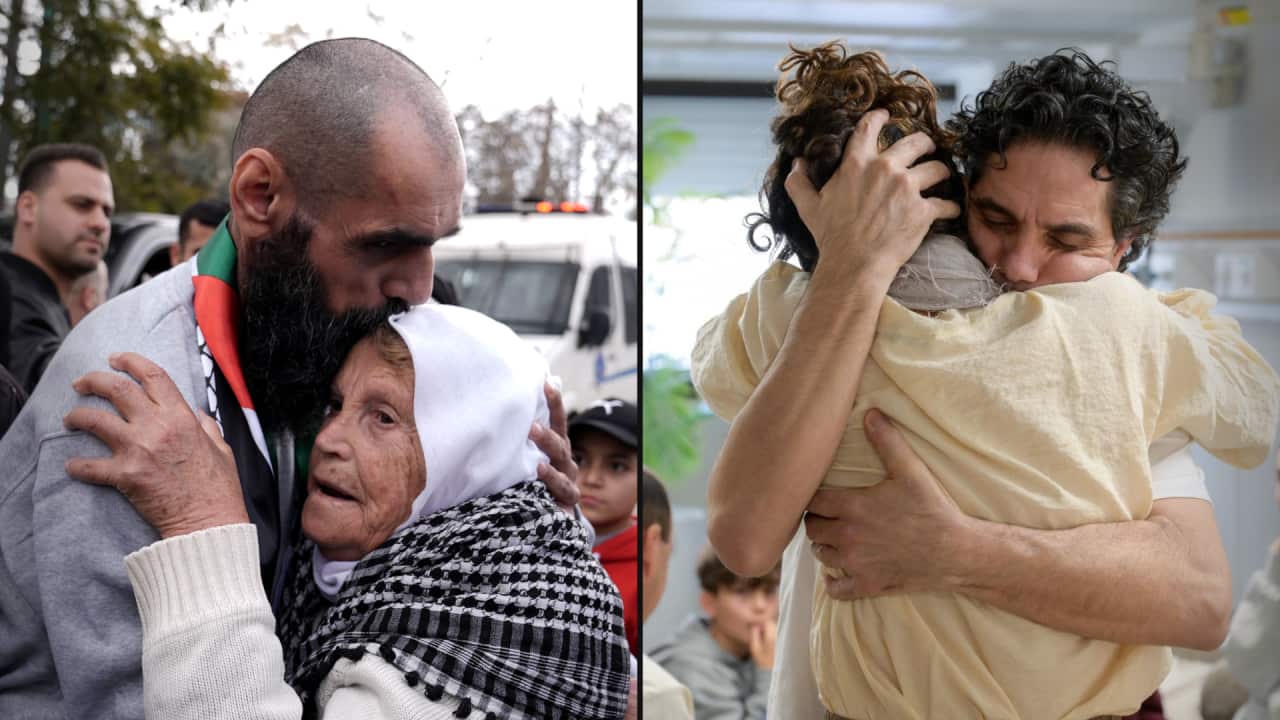 A composite image showing a Palestinian man kissing an elderly woman on her head, and an Israeli man embracing a woman