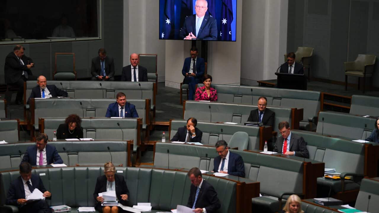 Prime Minister Scott Morrison participates in Question Time via video link in December.
