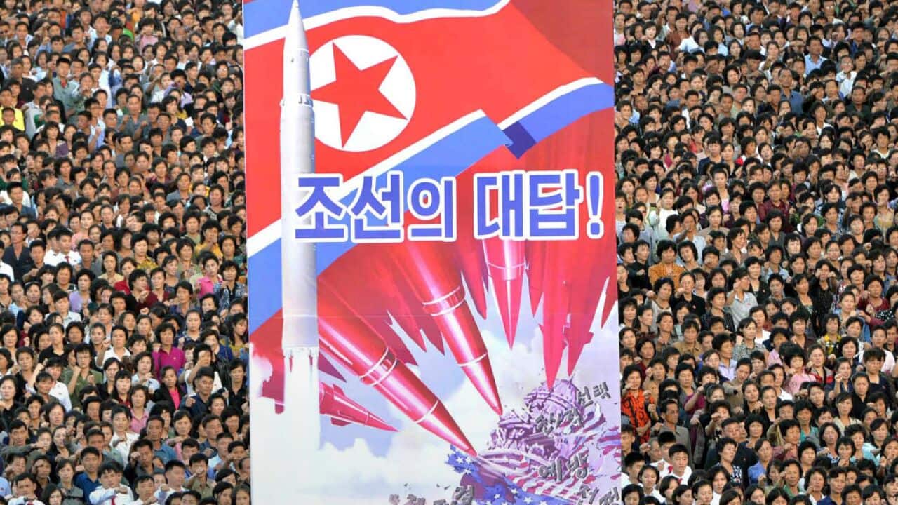 A sign meaning 'North Korea's answer' is seen at an anti-US rally in Pyongyang, North Korea, in September 2017.