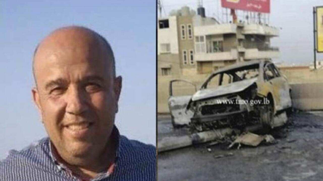 A picture that shows Hussein Shalhoob and his destroyed car after having an accident in southern Beirut 