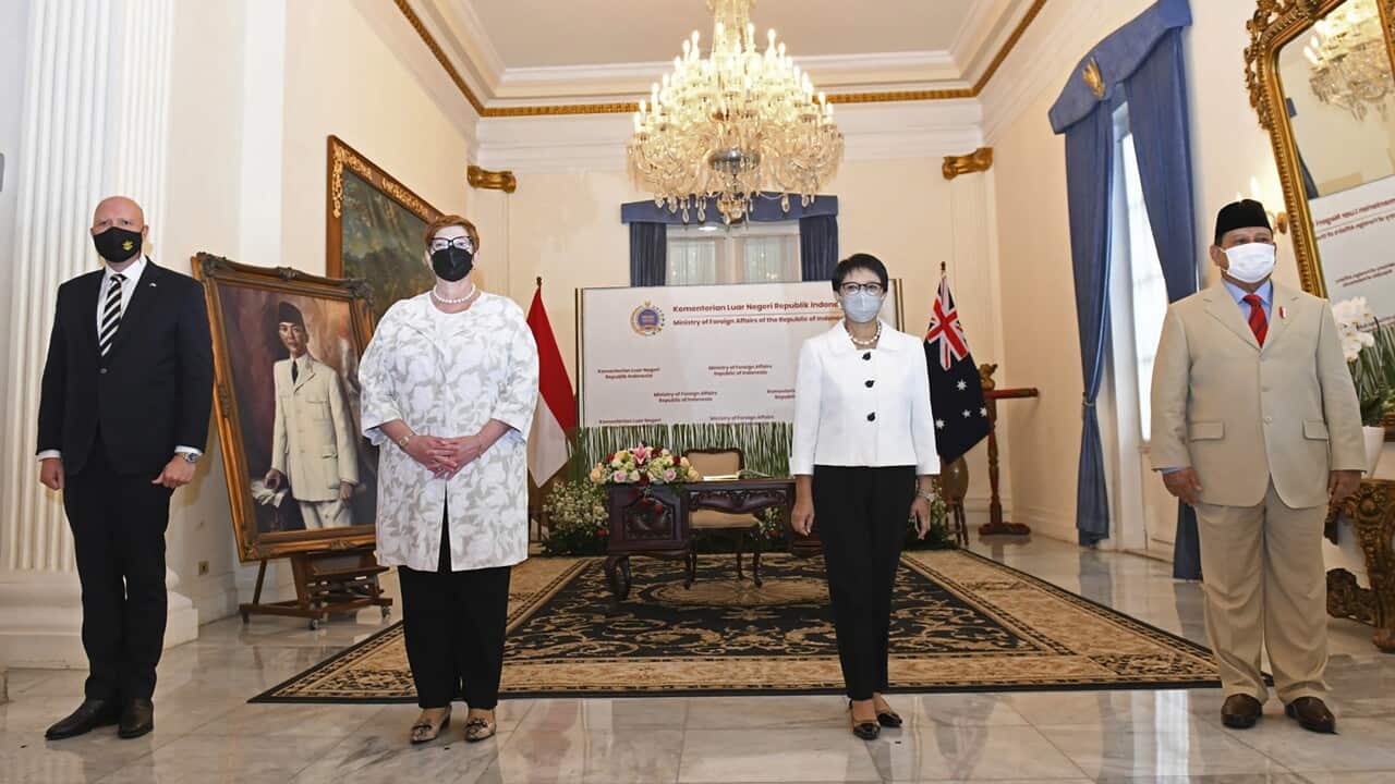 Australian Defence Minister Peter Dutton, Foreign Minister Marise Payne with Indonesian counterparts Retno Marsudi and Prabowo Subianto during their meeting in Jakarta, Indonesia.