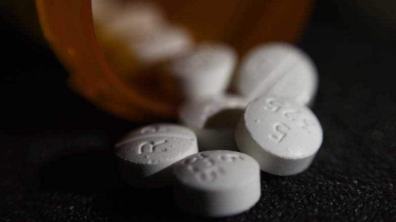 This Tuesday, Aug. 15, 2017 file photo shows an arrangement of pills of the opioid oxycodone-acetaminophen in New York.