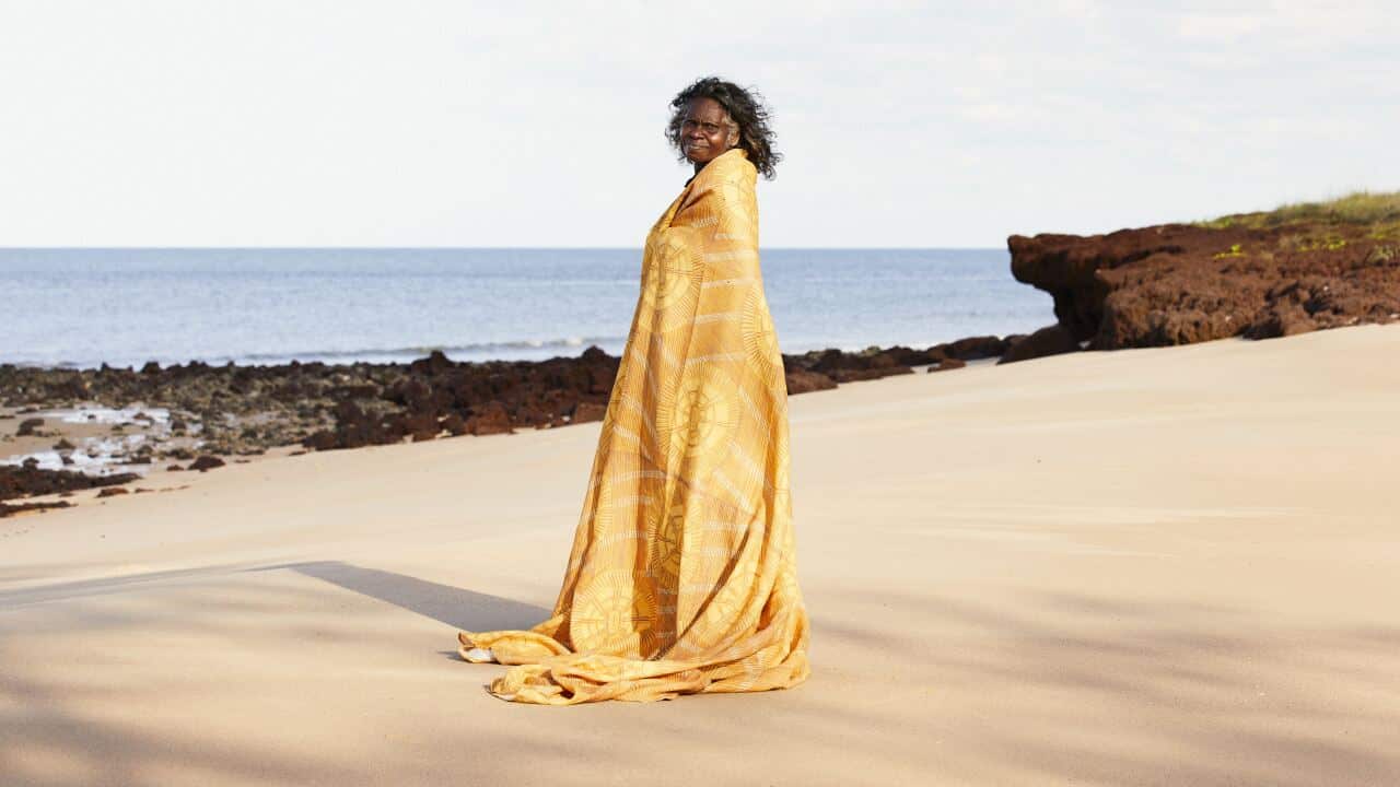 RTIST JANET MARAWARR WITH HER ARTWORK KUNKURRA, 2015. COPYRIGHT: JANET MARAWARR/LICENSED BY COPYRIGHT AGENCY. USED WITH PERMISSION