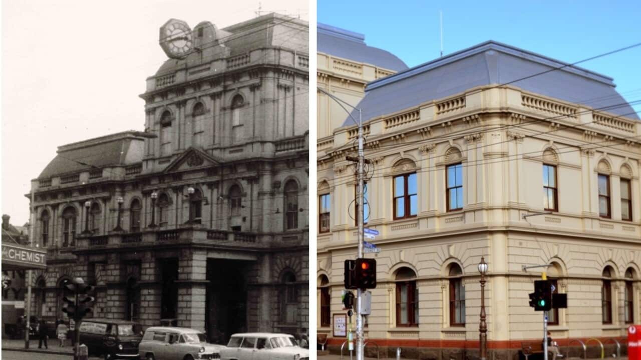 Brunswick Townhall circa 1960 (L), Brunswick Townhall modern day (R)