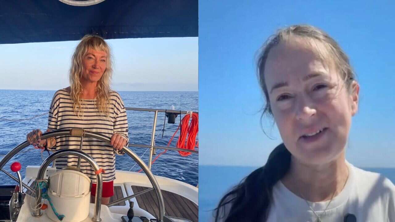 A two-way image: on the left is a woman with blonde hair standing on a boat. On the right is a woman with brown hair, with the sea visible in the background.