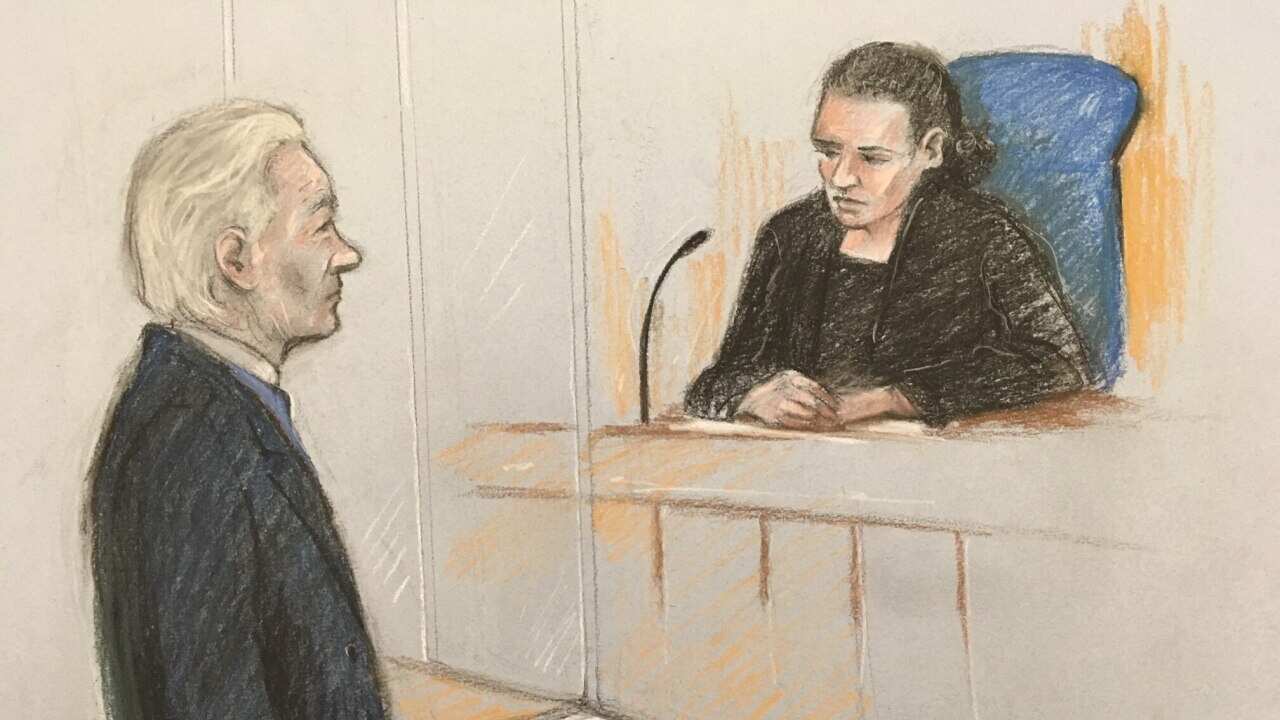 Court artist sketch of Julian Assange at Westminster Magistrates' Court in London