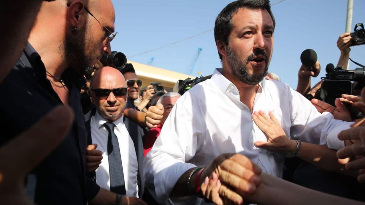 Italy's new hardline interior minister Matteo Salvini arrives at the reception centre (CPSA) in Pozzallo.