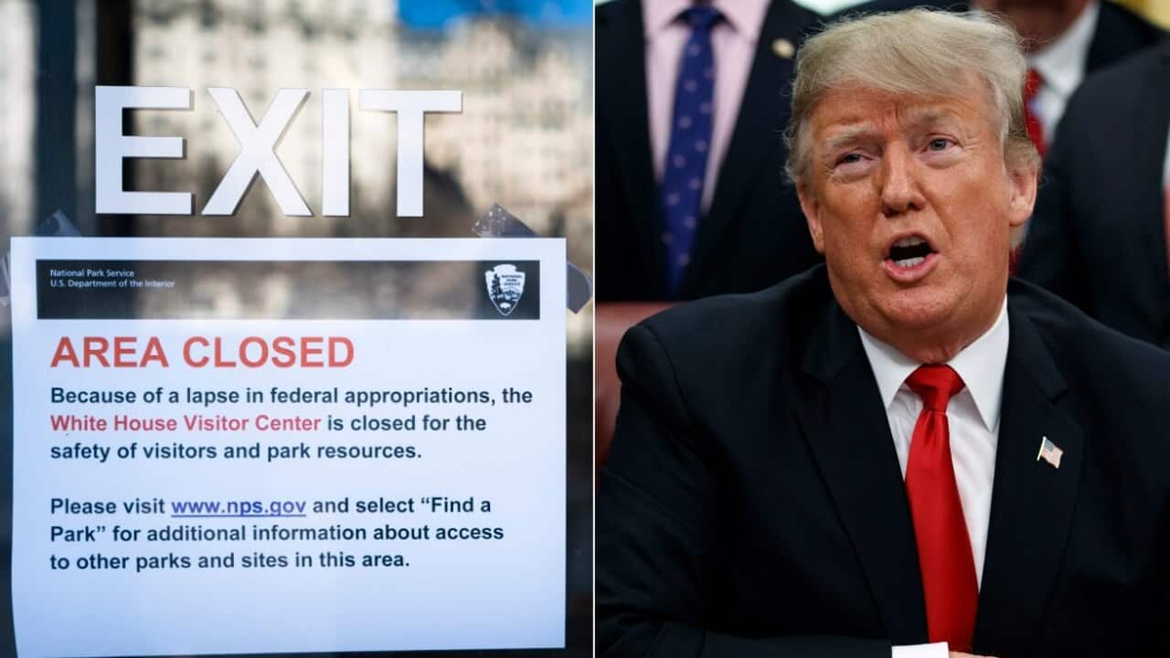 Combo image: A sign alerts visitors to the closure of the White House Visitor Center and President Donald Trump