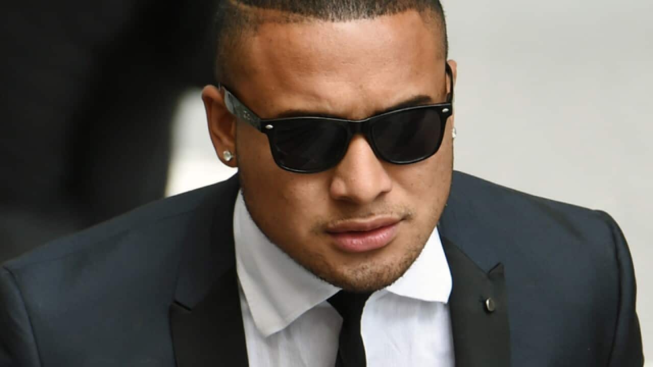 NRL player Jamil Hopoate arrives at Downing Centre court in Sydney