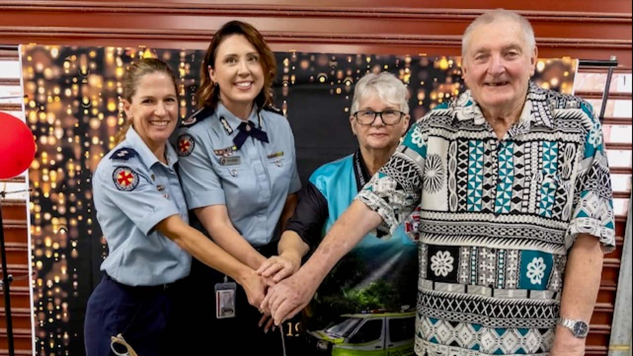 Picture from the Tully Ambulance Centenary celebration on the 1st July 2026. L: Vanessa Schafranek, Assistant Commissioner Brina Keating, LAC President (Local Ambulance Committee) and former Tully OIC Bob McIlroy