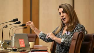 Senator Thorpe speaking whilst sitting in a brown leather chair, in front of her laptop and multiple microphones