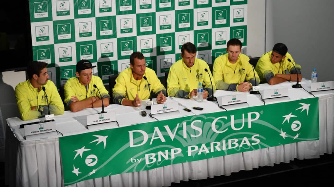 Australian Davis Cup players at the official launch of the Davis Cup draw for Australia v Bosnia and Herzegovina.