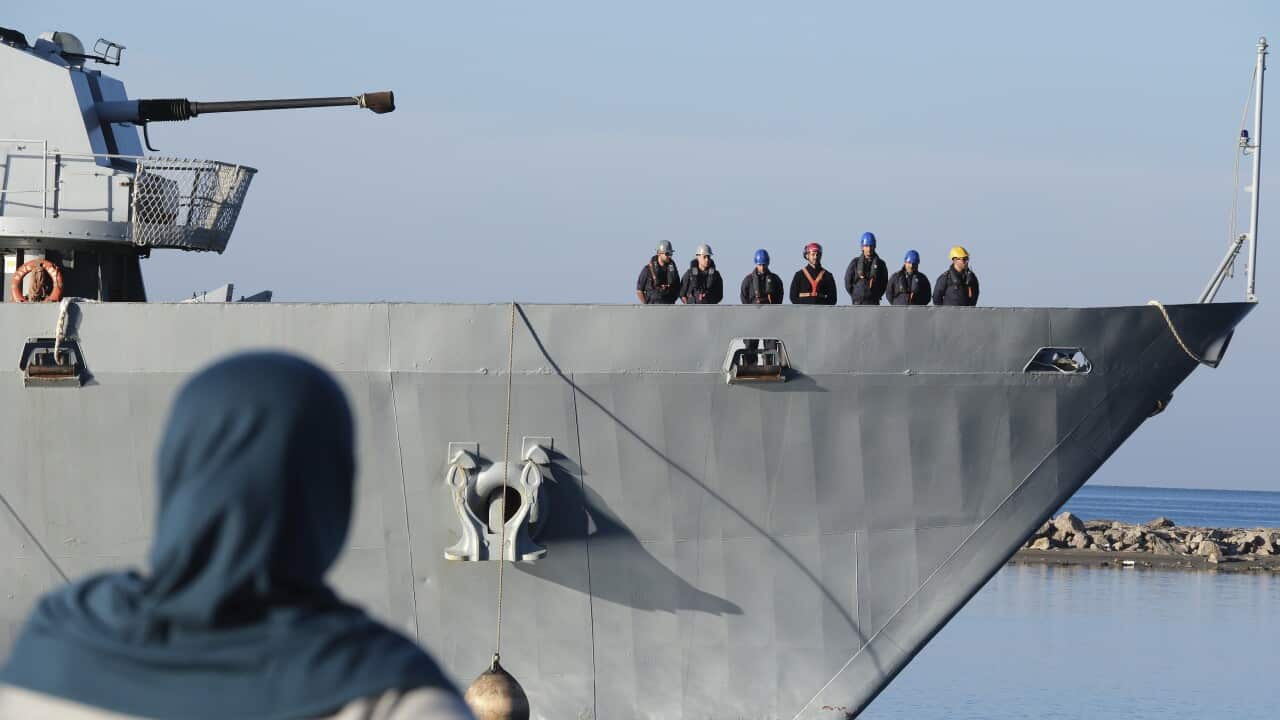 The Italian navy ship Libra arrives at the port of Shengjin, northwestern Albania, Friday, Nov. 8, 2024
