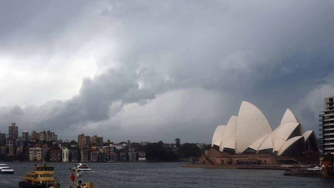 Storm clouds gather over Sydney Harbour in Sydney