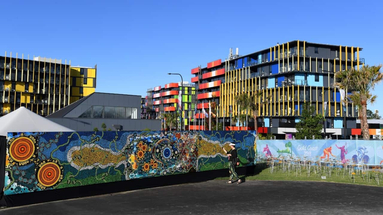 Artwork by aboriginal artist Chern'ee Sutton is seen at the Gold Coast Commonwealth Games Athletes Village on the Gold Coast