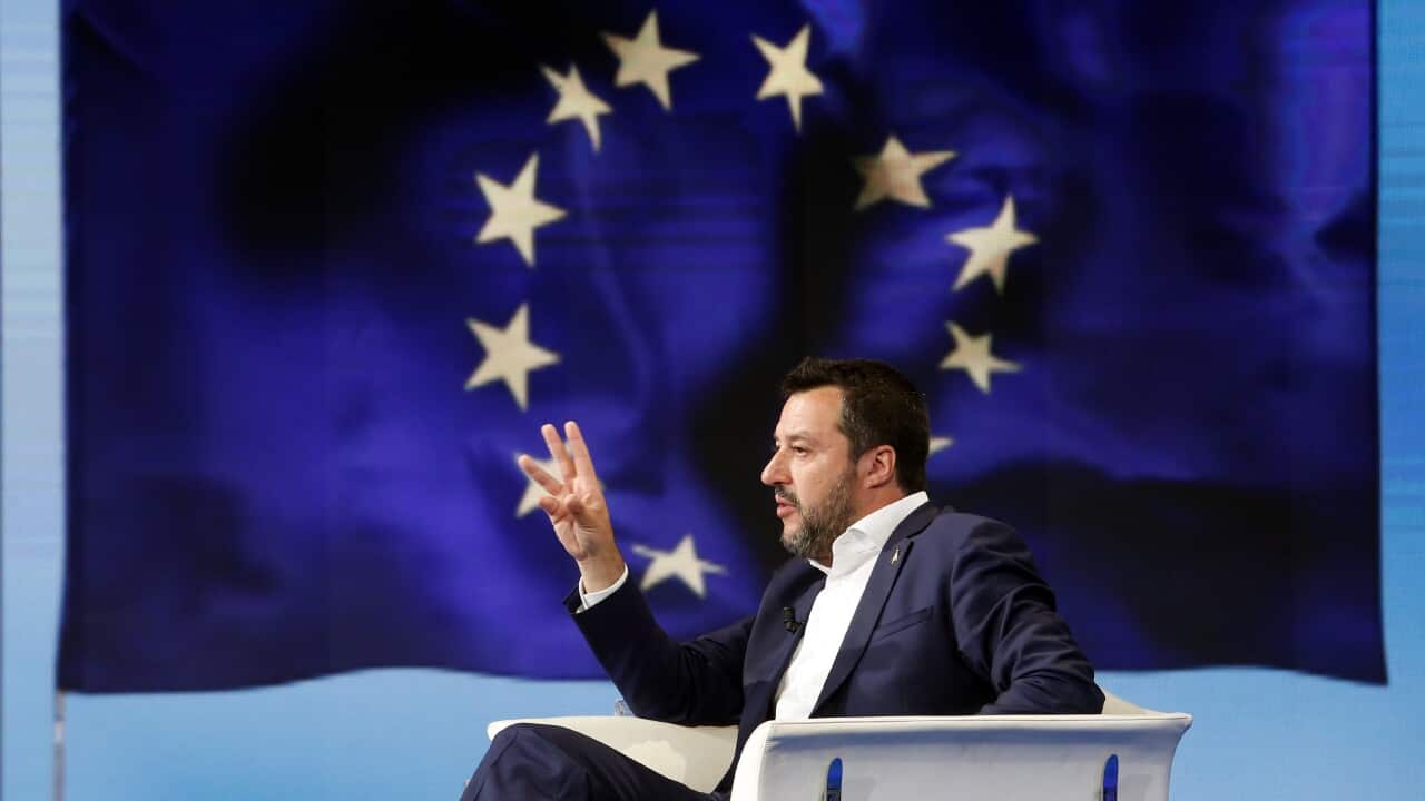 Matteo Salvini and on the video a flag of EURome May 27th 2019. Italian Vice-Premier Matteo Salvini appears as a guest during the talk show Porta a Porta to talk about the European elections.(Photo Samantha Zucchi /Insidefoto/Sipa USA) .