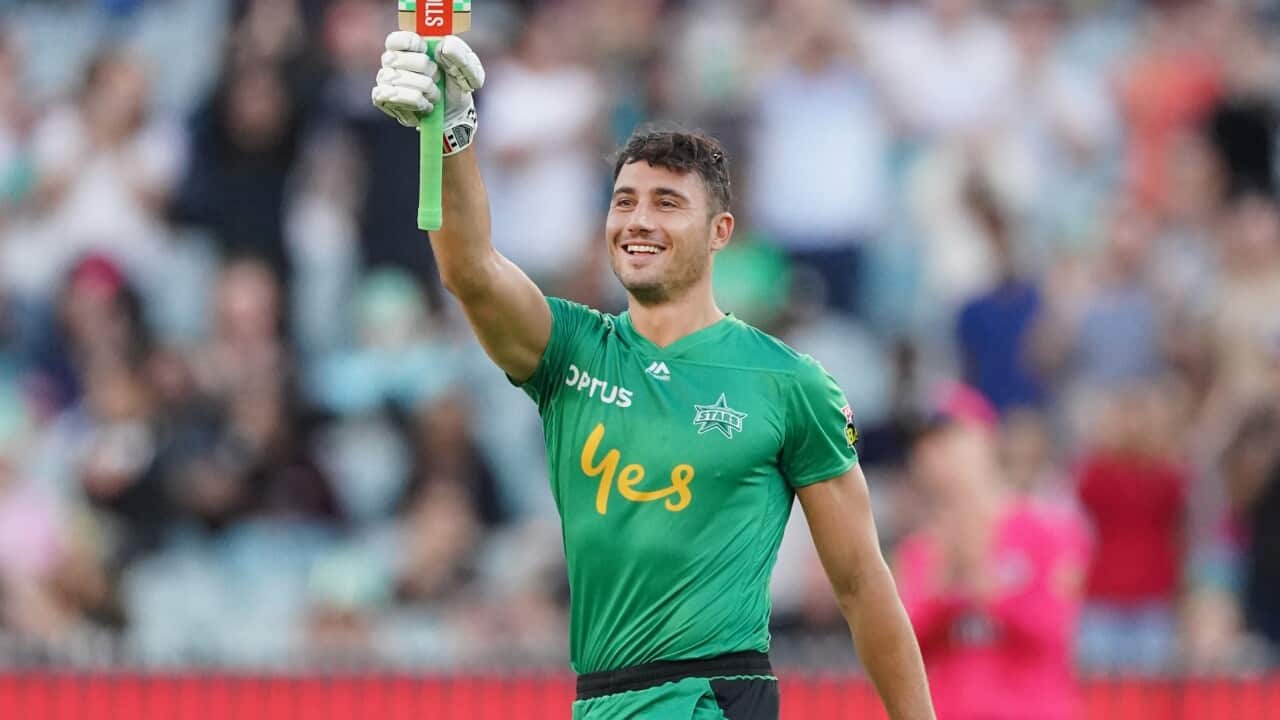 Marcus Stoinis celebrates his record-breaking Big Bash century at the MCG