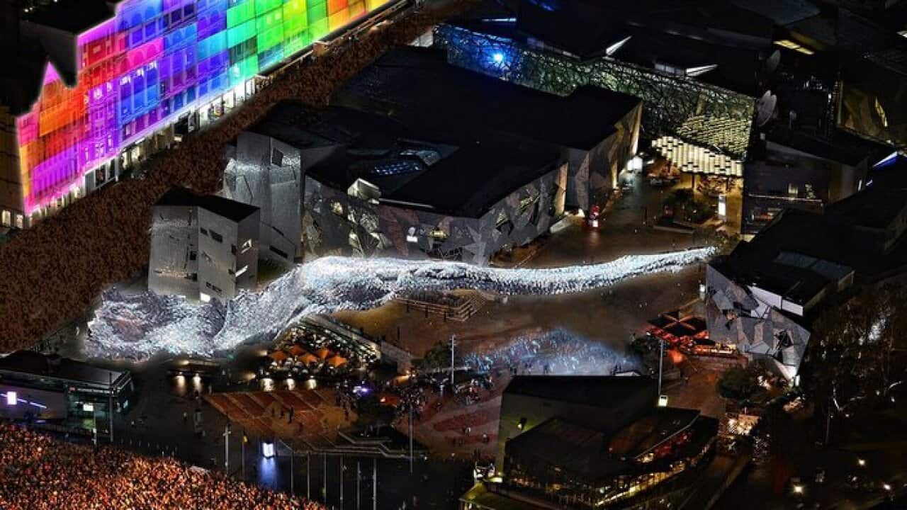 The planned White Night 2018 'Liquid Sky' installation over Federation Square in Melbourne