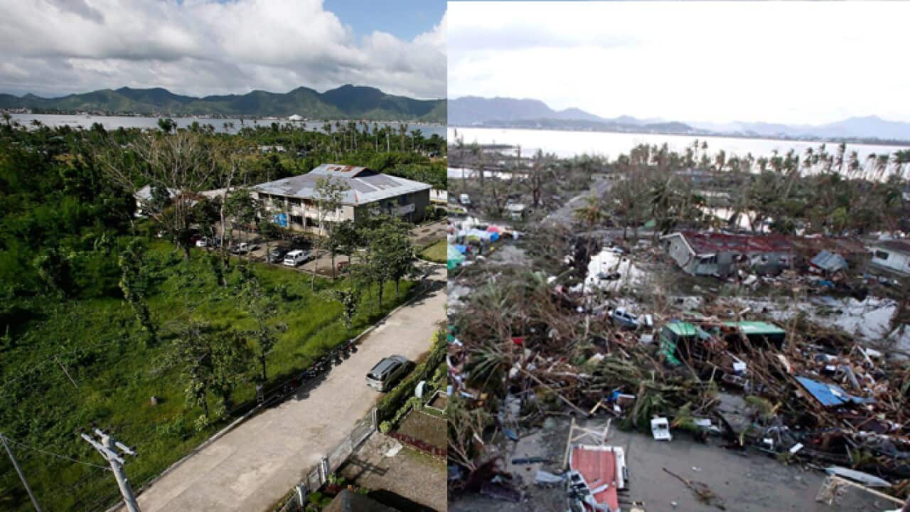 An aerial view of typhoon ravaged city of Tacloban immediately following Typhoon Haiyan and then one year later. (EPA/Getty/SBS)