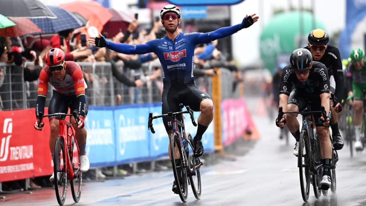 Kaden Groves of Alpecin–Deceuninck celebrates after winning Stage 5 of the 2023 Giro d'Italia