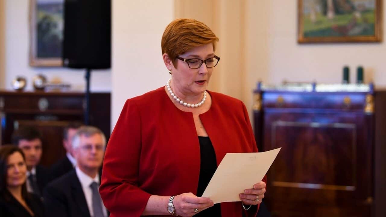 Marise Payne is being sworn-in as Australian Minister for Foreign Affairs during a ceremony at Government House in Canberra, Tuesday, August 28, 2018. (AAP Image/Lukas Coch) NO ARCHIVING