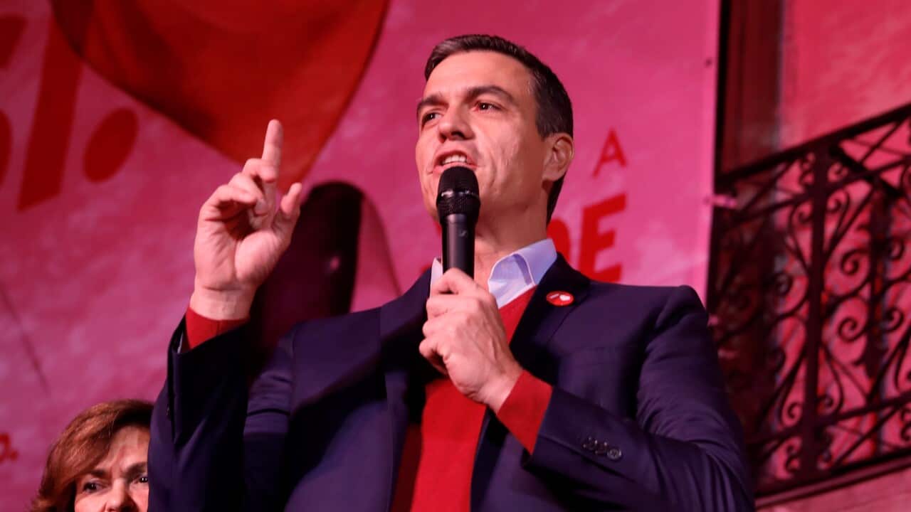 Pedro Sanchez (C), addresses his supporters following the general elections at the headquarters of the political formation in Madrid, Spain, 10 November 2019.
