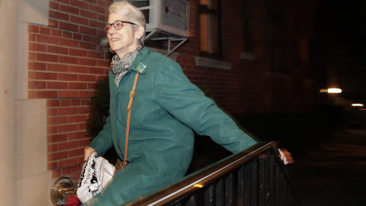 Jessica Leeds arrives at her apartment building, Wednesday, Oct. 12, 2016, in New York. Leeds was one of two women who told the New York Times that Republican presidential candidate Donald Trump touched her inappropriately. (AP Photo/Julie Jacobson)