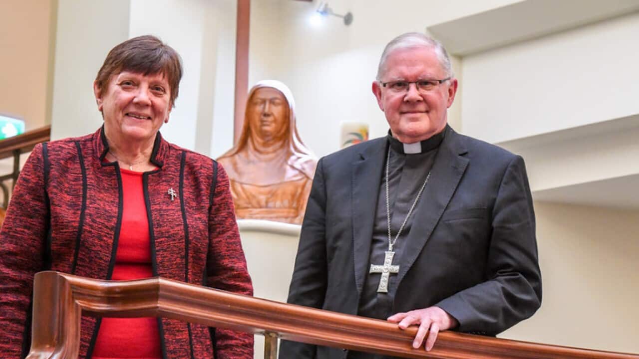 Catholic Religious Australia president Sister Monica Cavanagh (L) and Australian Catholic Bishops Conference president Archbishop Mark Coleridge