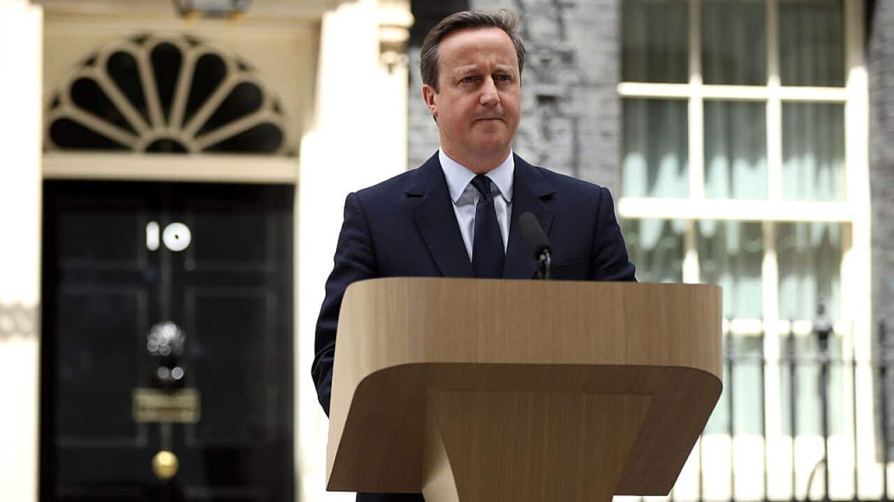British Prime Minister David Cameron out the front of 10 downing street.
