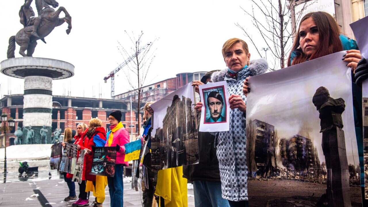 Ukrainians protest against Russia's military operation in Ukraine, at the main square in the Macedonian capital Skopje