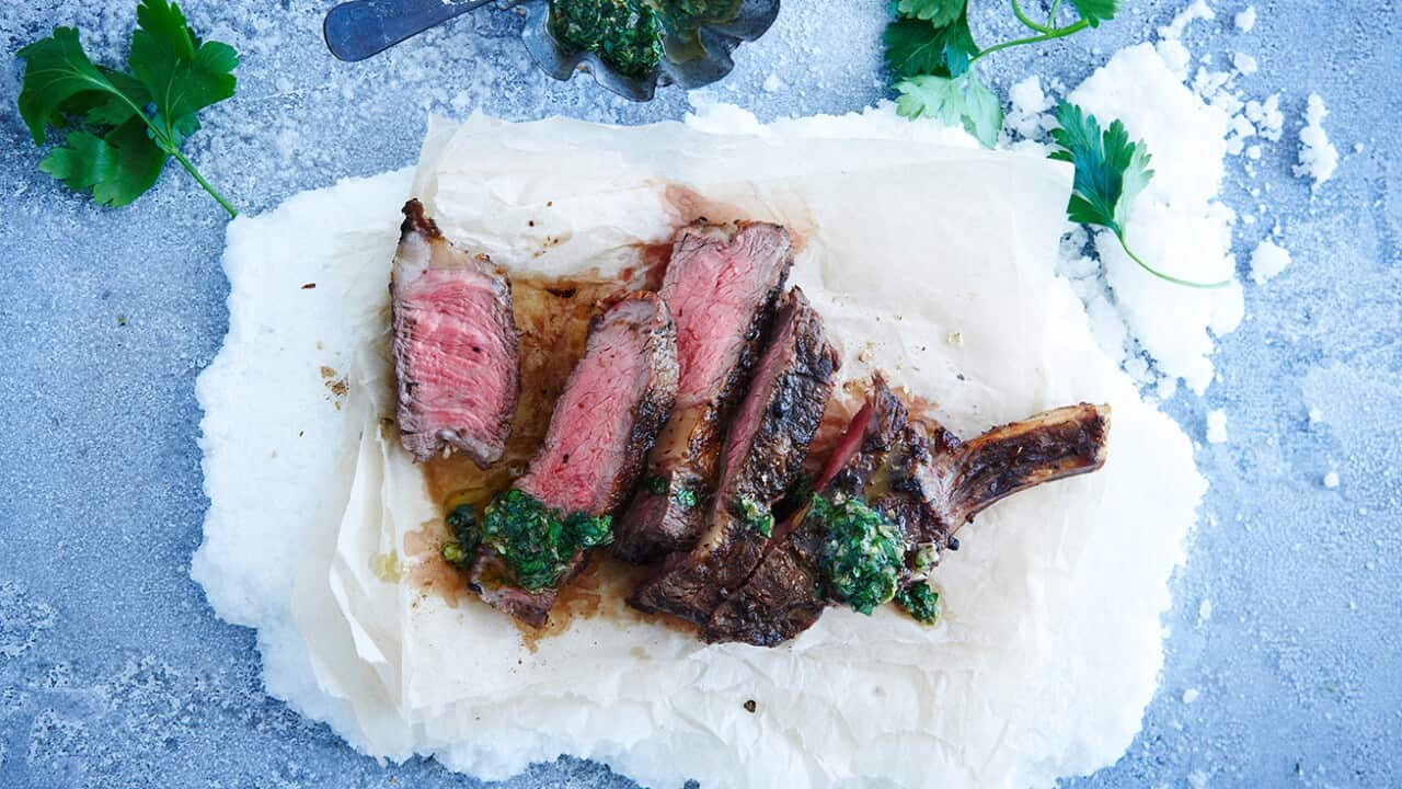 Grilled rib eye with porcini and peppercorn salt and lemony salsa verde