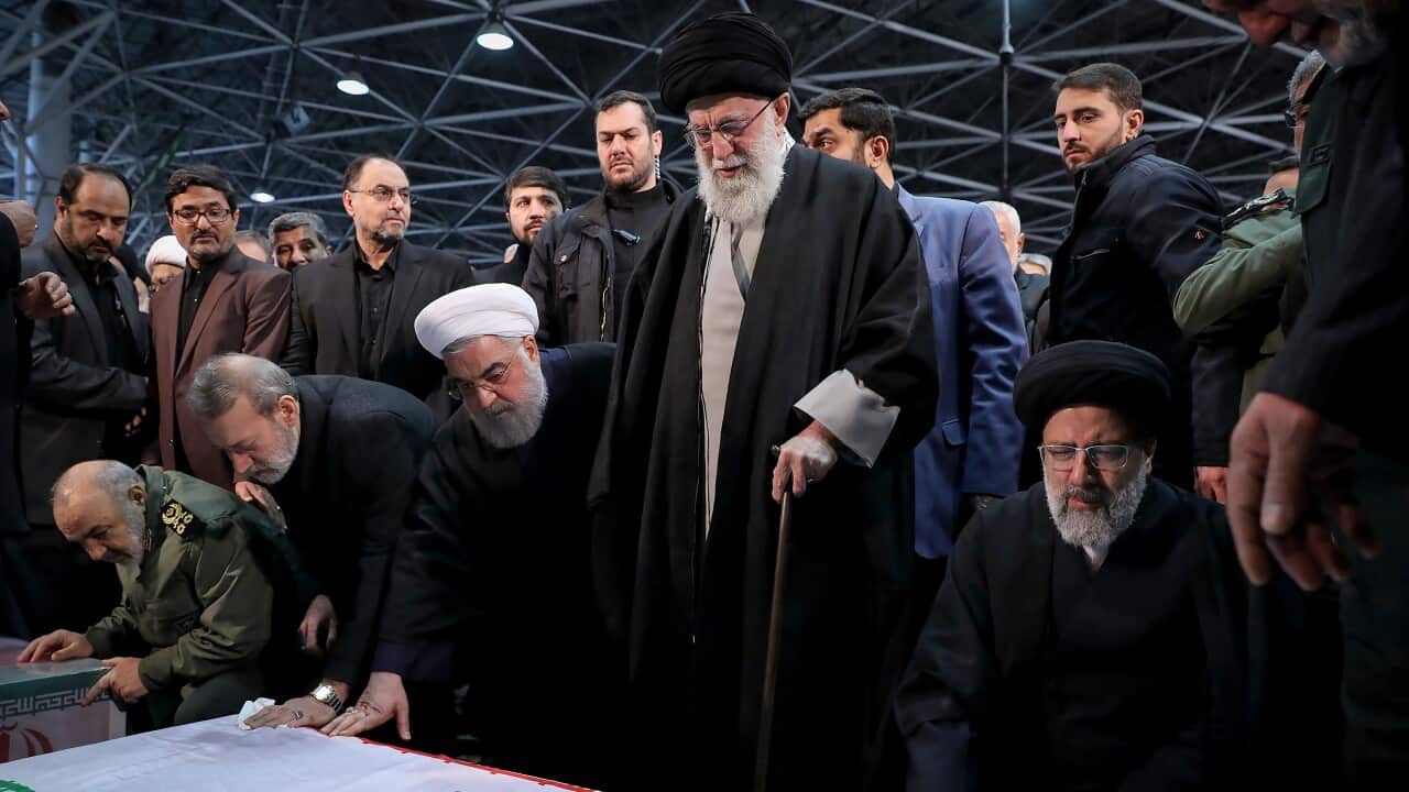 Iranian Supreme Leader Ayatollah Ali Khamenei (3rd L), Iranian President Hassan Rouhani (2nd L) attend the funeral of Qasem Soleimani.
