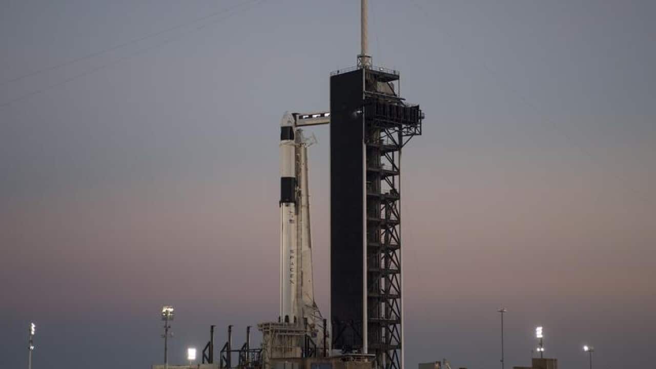 A SpaceX Falcon 9 rocket readying for launch
