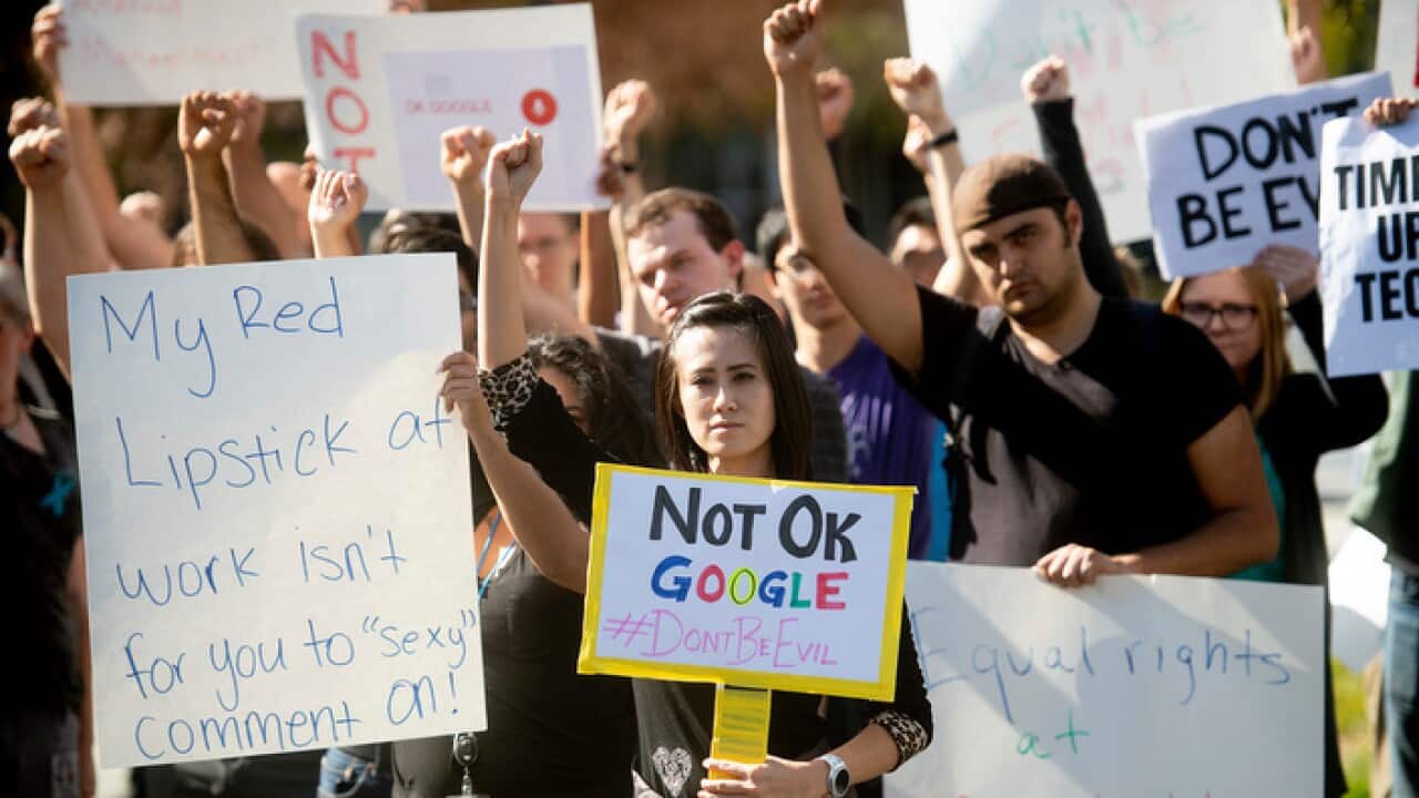 Workers protest against Google's handling of sexual misconduct allegations at the company's Mountain View, Calif., headquarters on Thursday, Nov. 1, 2018. (AP Photo/Noah Berger)