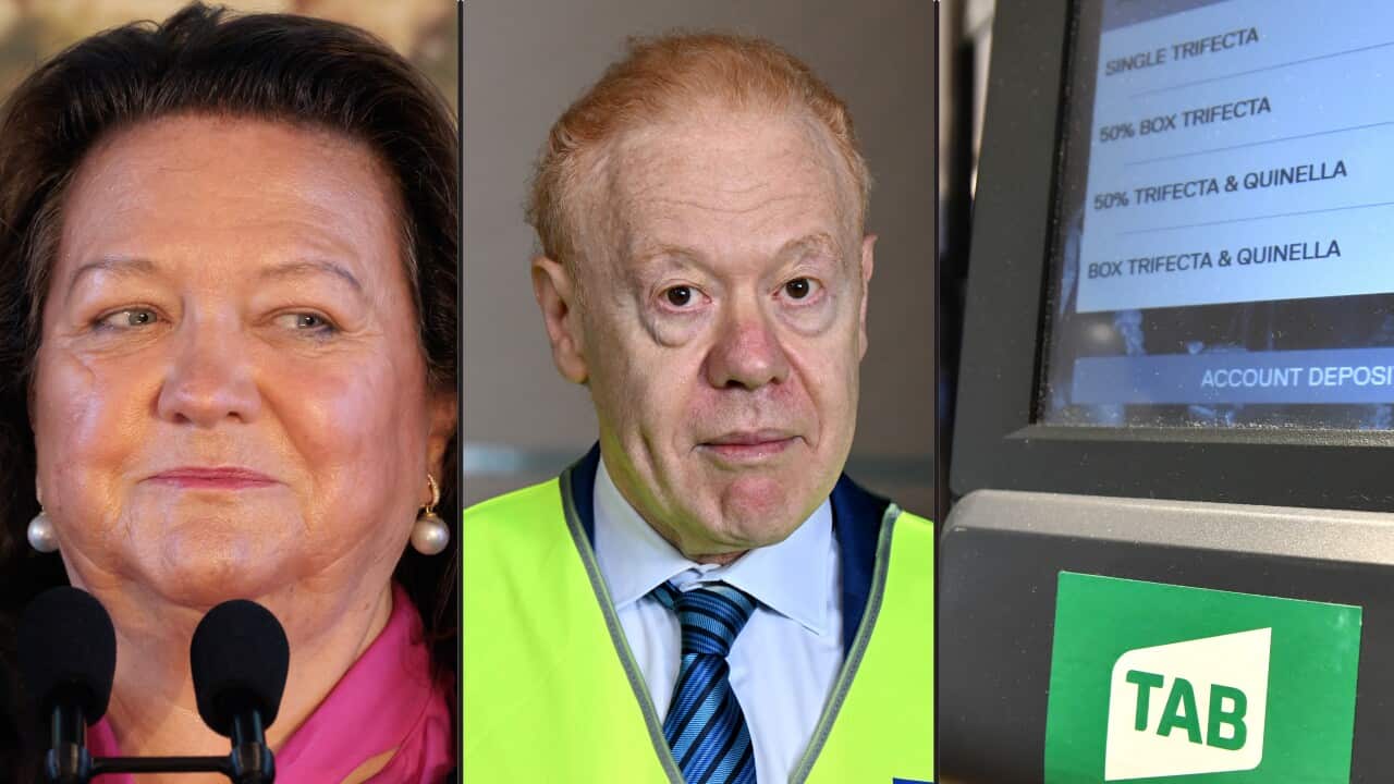 A composite image of a woman smiling on the left, a man wearing a tie looking at the camera in the middle and a betting machine with Tabcorp's logo on it on the right.