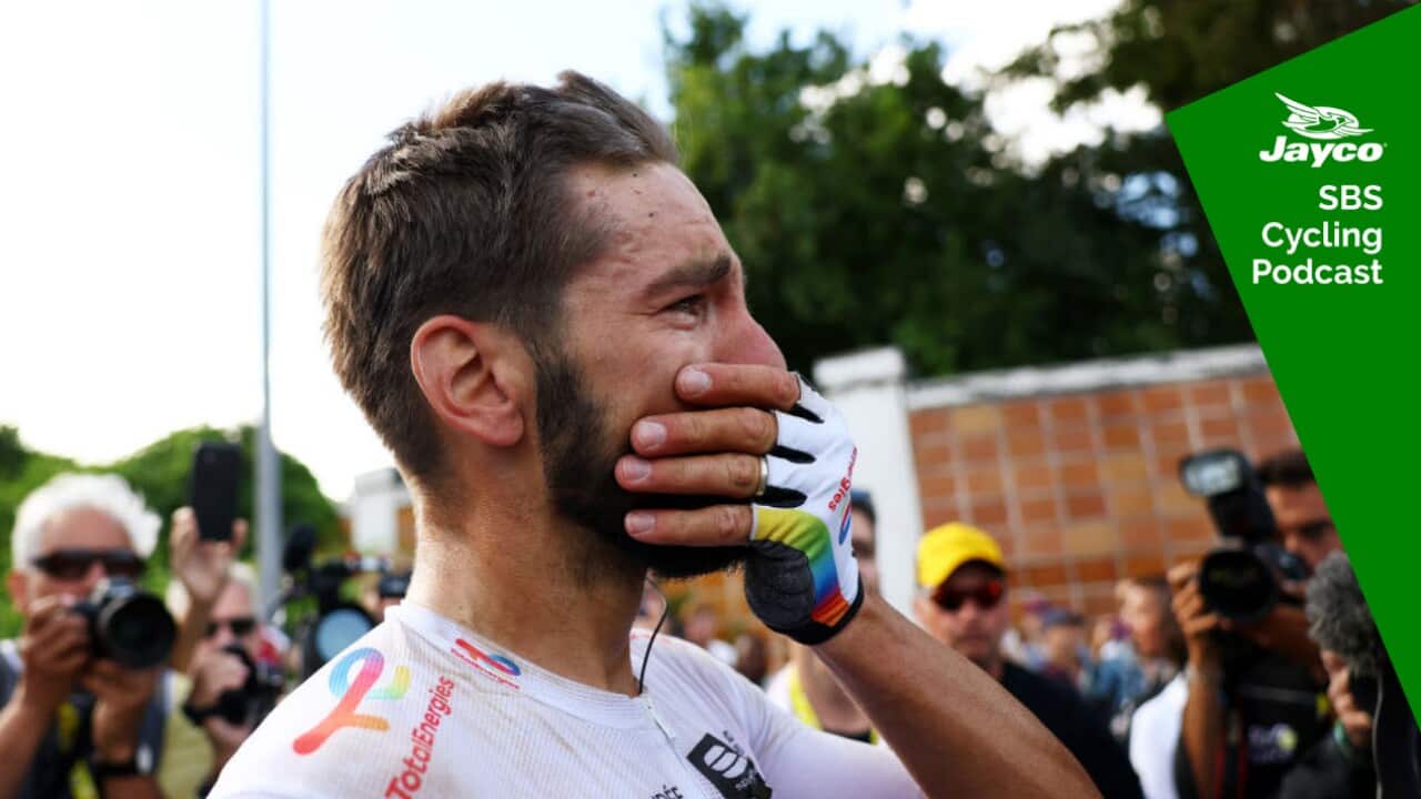 TotalEnergies team's French rider Anthony Turgis celebrates after winning the 9th stage of the 111th edition of the Tour de France cycling race, 199km stage departing and finishing in Troyes, on July 7, 2024. (Photo by MOLLY DARLINGTON / POOL / AFP) (Photo by MOLLY DARLINGTON/POOL/AFP via Getty Images)