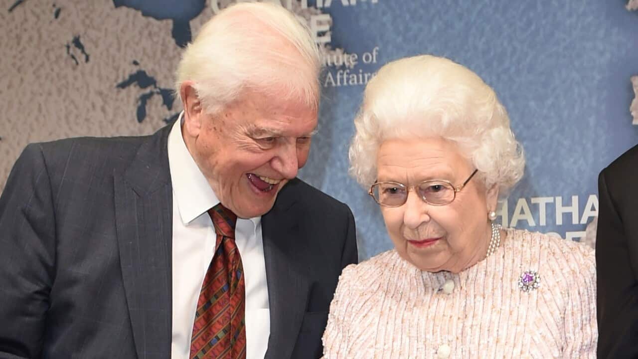 Queen Elizabeth with Sir David Attenborough after presenting his Chatham House Prize