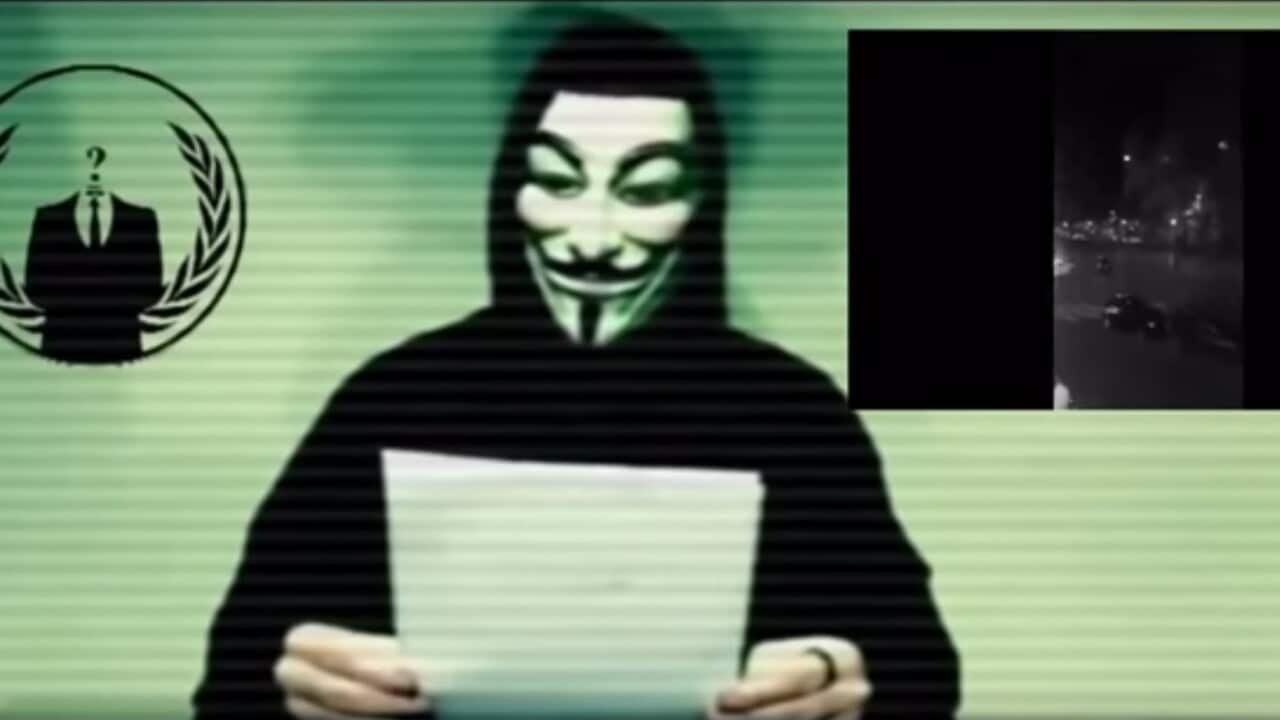 A still from an Anonymous YouTube video declaring war on Islamic State.