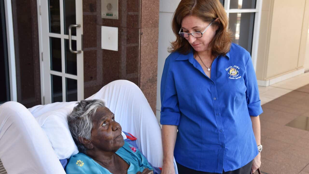 Aboriginal Elder Mildred Numamurdirdi, from Numbulwar, (left) and Danila Dilba Health Service doctor GP Meredith Hanson-Knarhol.