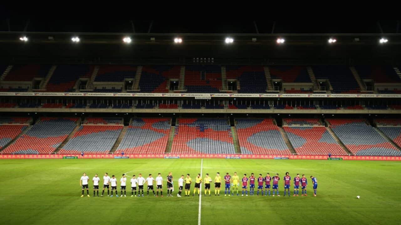 Melbourne City and Newcastle Jets face the empty stands before an A-League match