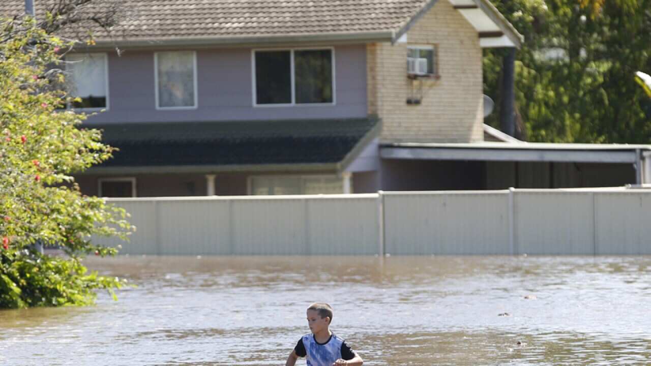 A boy is seen walking through floodwater in Mount Warren Park