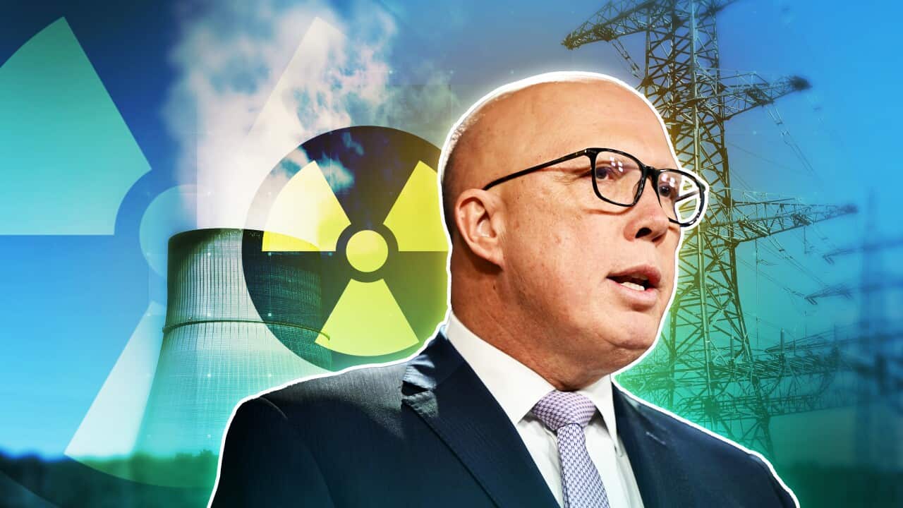 A composite image shows Peter Dutton next to a radiation symbol with a transmission tower and a nuclear plant's cooling tower in the background.