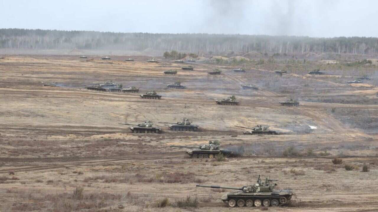 Russian and Belarusian armed forces take part in Allied Determination-2022 military drill in Gomel, Belarus on 19 February 2022.