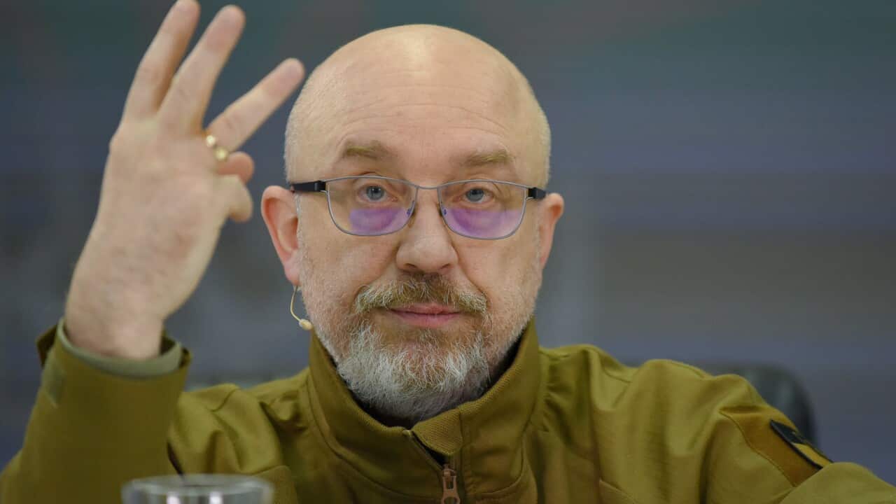 Ukraine's Defense Minister Oleksii Reznikov gestures with his hand