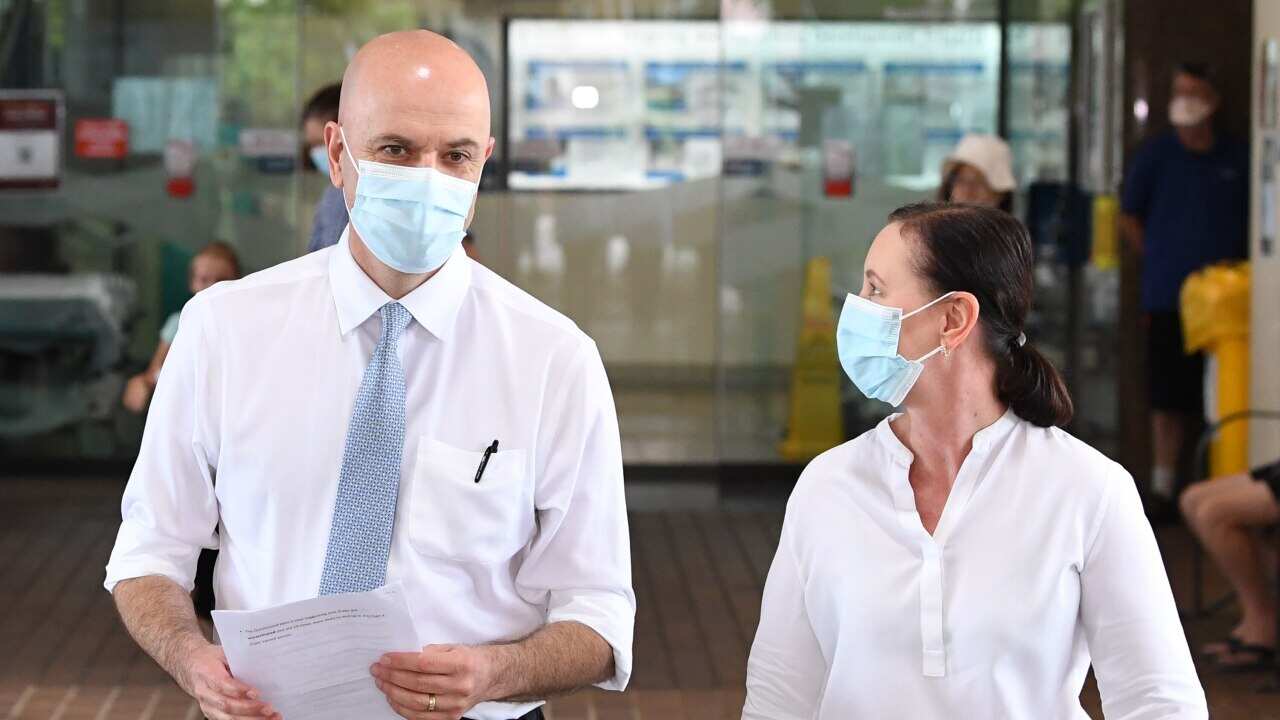 Queensland Chief Health Officer Dr John Gerrard (left) and Health Minister Yvette D'Ath (right) at Redcliffe Hospital