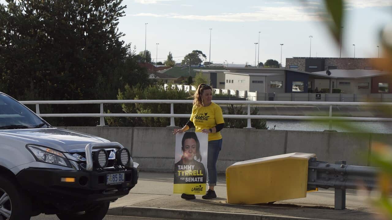 Tammy Tyrrell campaigning in Ulverstone (SBS-Sarah Maunder).jpg