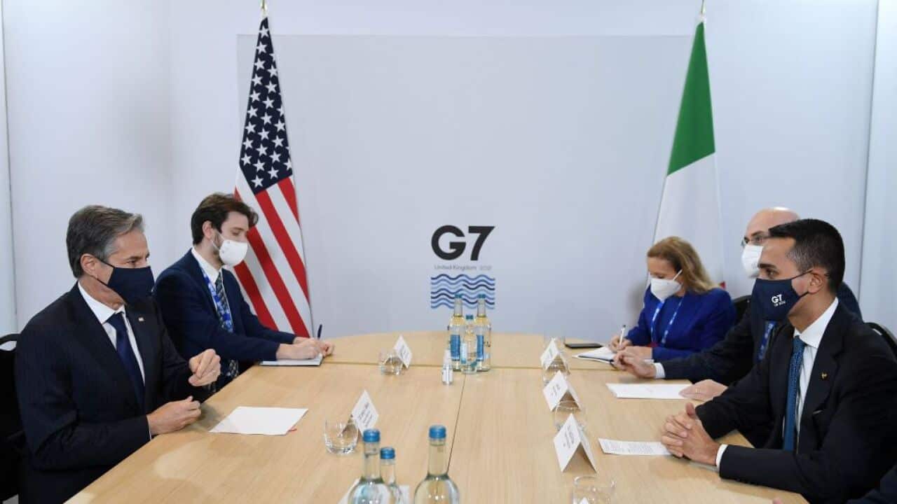 US Secretary of State Antony Blinken (L) meets with Italian Foreign Minister Luigi Di Maio (R) on the first day of the G7 foreign ministers summit in Liverpool, northwest England on 11 December 2021.