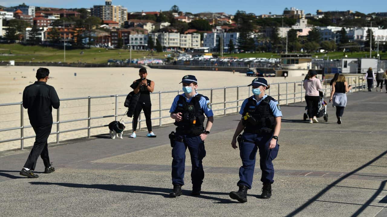 NSW Police on patrol at Bondi Beach in Sydney, Tuesday, 20 July 20, 2021.
