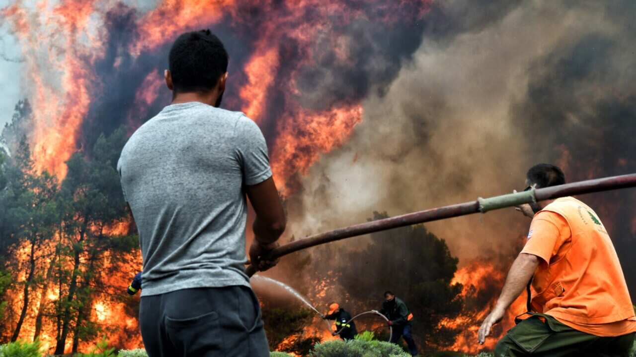Firefighters and volunteers try to extinguish a wildfire raging in Verori, near Loutraki city, Peloponnese, southern Greece, 24 July 2018.